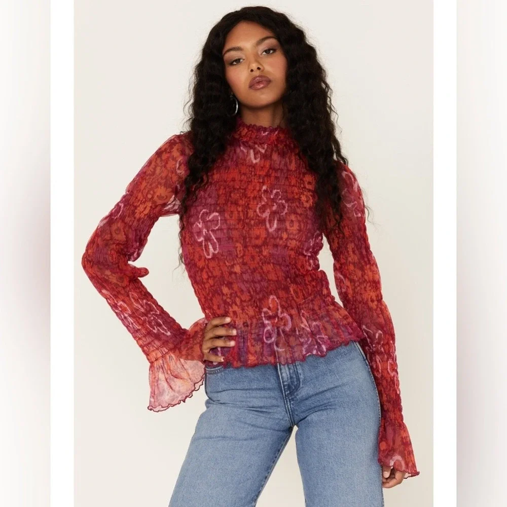 Free People Hello There Floral Boho Top Smocked Mesh See Measurements